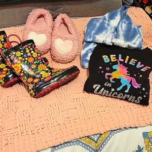 Bundle of rain boots, slippers sz 9 hooded tie dyed & black unicorn sweatshirts